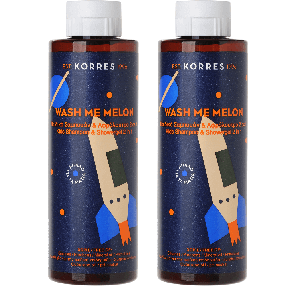 Korres Wash Me Melon Boys Shampoo & Showergel Σαμπουάν & Αφρόλουτρο 2 σε 1 για Αγόρια με Άρωμα Πεπόνι 2x250ml 1+1 Δώρο