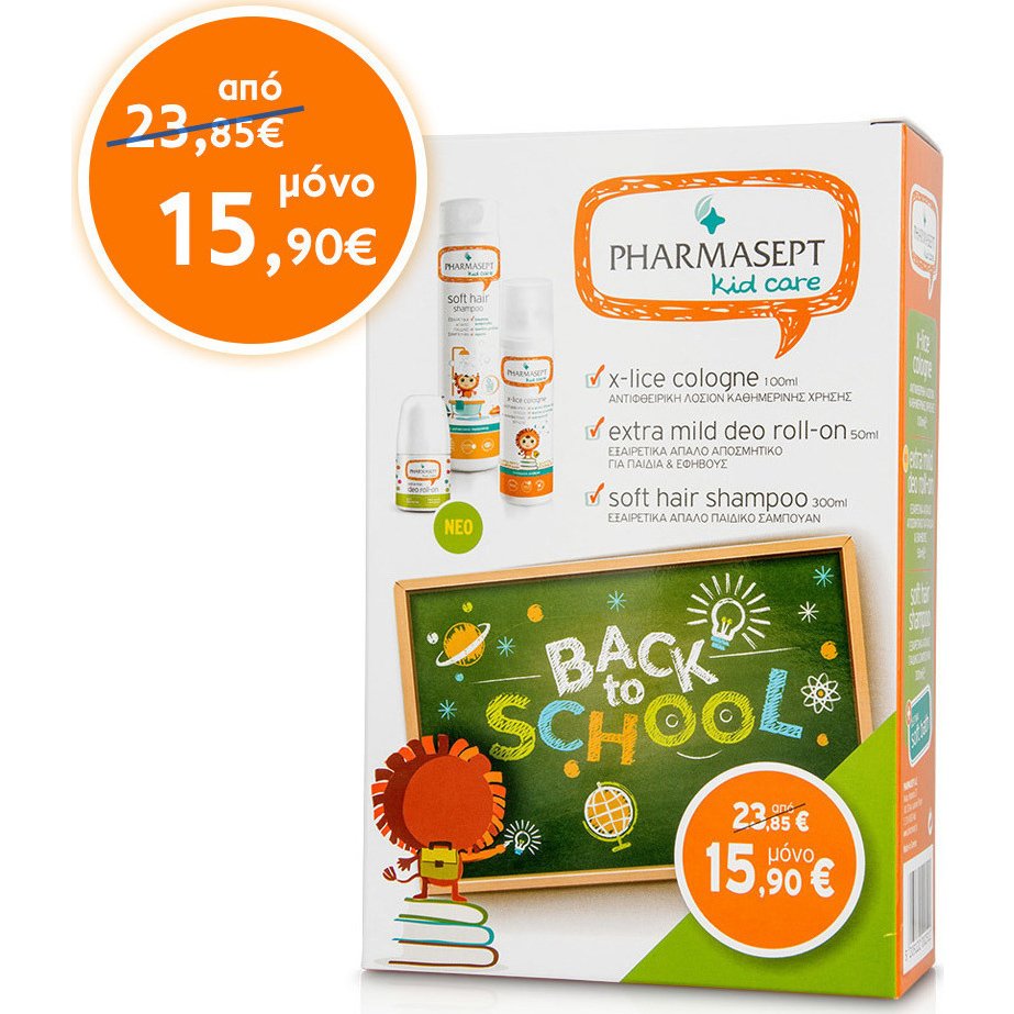 Pharmasept Πακέτο Back to School X-Lice Cologne 100ml, Extra Mild Deo Roll-On 50ml & Soft Hair Shampoo 300ml σε Ειδική Τιμή