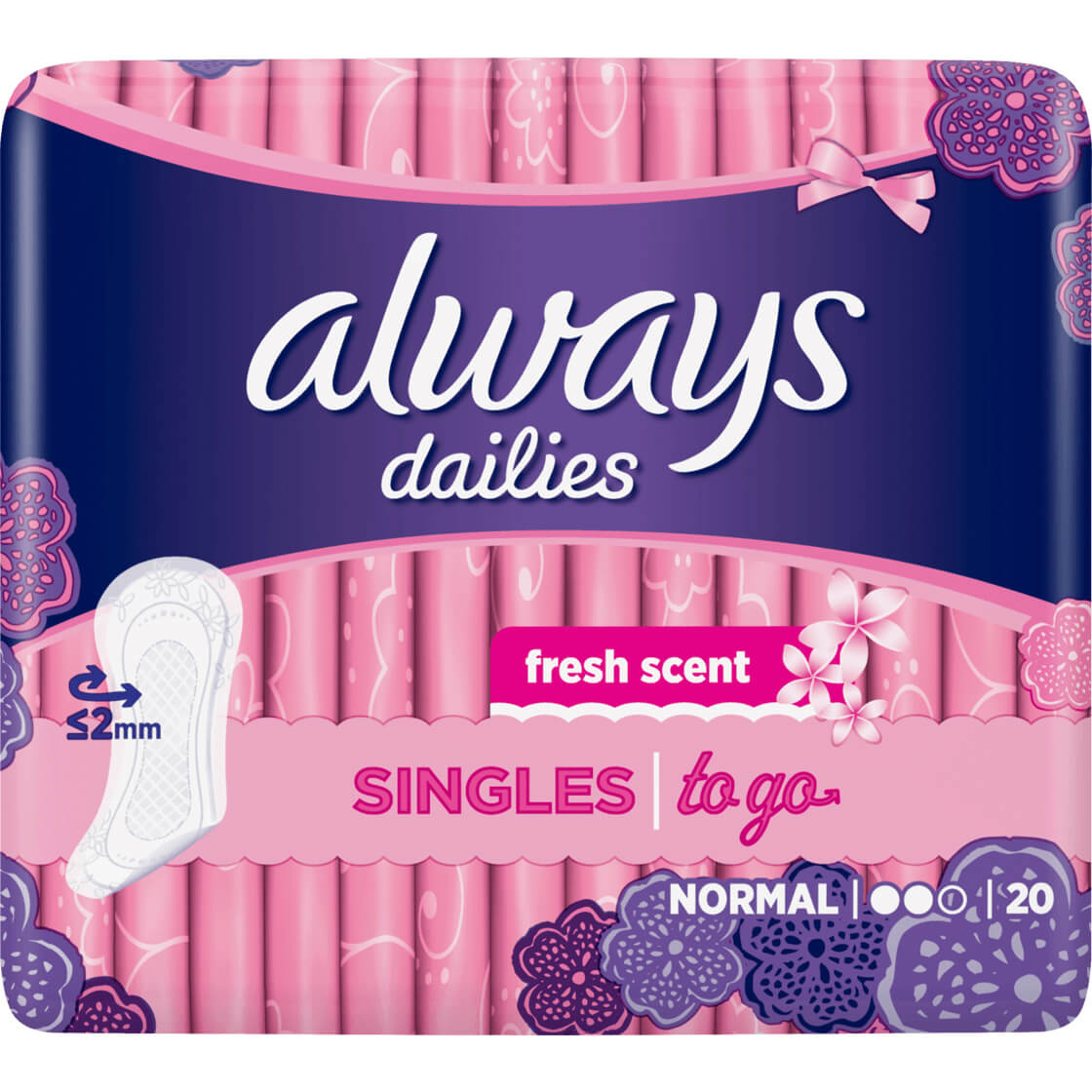 Always Dailies Singles to go Fresh Scent Normal Λεπτά, Διακριτικά Σερβιετάκια για Φρεσκάδα που Διαρκεί 20 Τεμάχια