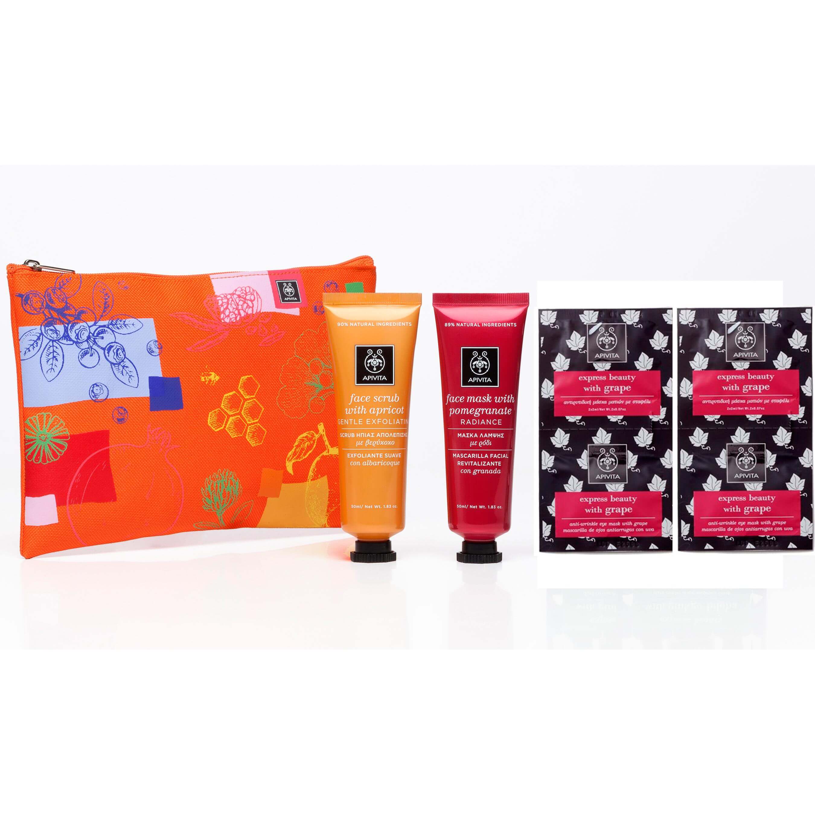 Apivita Gift Set Scrub Απολέπισης Βερίκοκο 50ml, Μάσκα Λάμψης Ρόδι 50ml &Δώρο Αντιρυτιδική Μάσκα Ματιών Σταφύλι 2x2ml Νεσεσερ