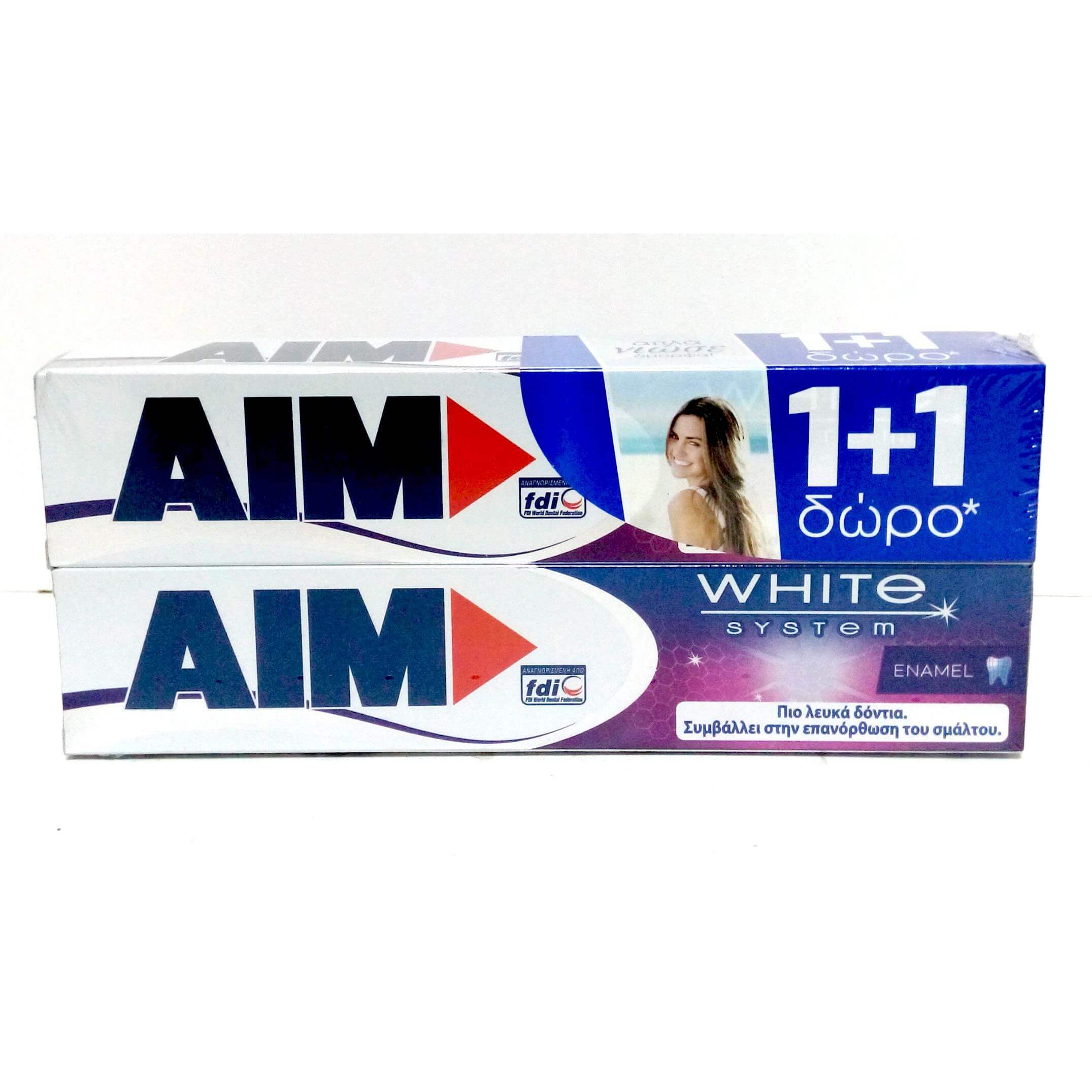Aim White System Enamel 1+1 Δώρο Οδοντόκρεμα για Λευκά Δοντιά & Διατήρηση της Καλής Υγείας του Σμάλτου 2 x 75 ml