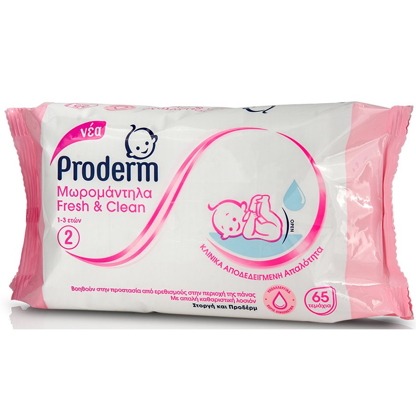 Proderm Fresh & Clean Μωρομάντηλα για την Προστασία από Ερεθισμούς στην Περιοχή της Πάνας 1-3 Ετών 65 Τεμάχια