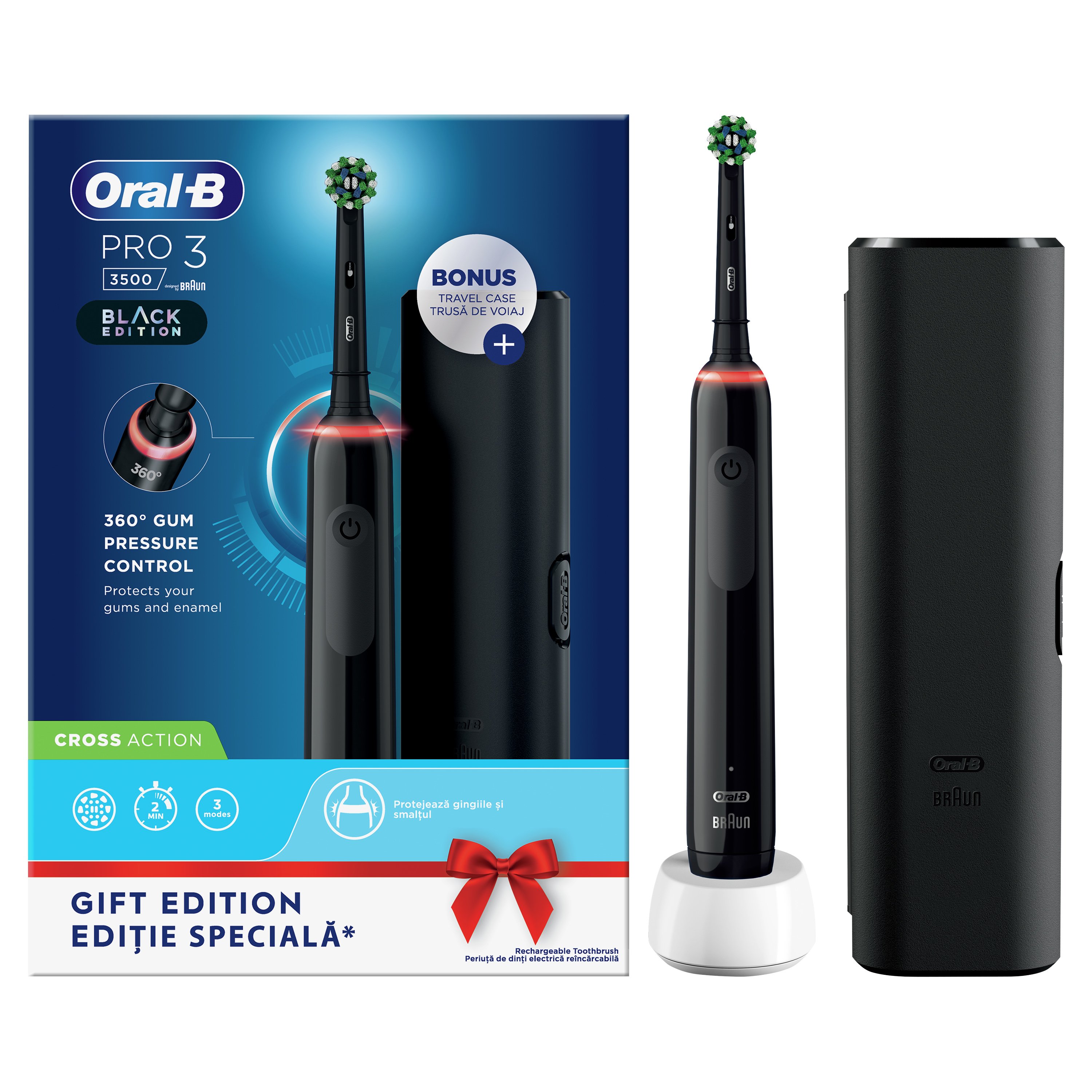 Oral-B PRO 3 3500 Cross Action Black Επαναφορτιζόμενη Ηλεκτρική Οδοντόβουρτσα με Αισθητήρα Πίεσης 360° & Δώρο Θήκη Ταξιδίου