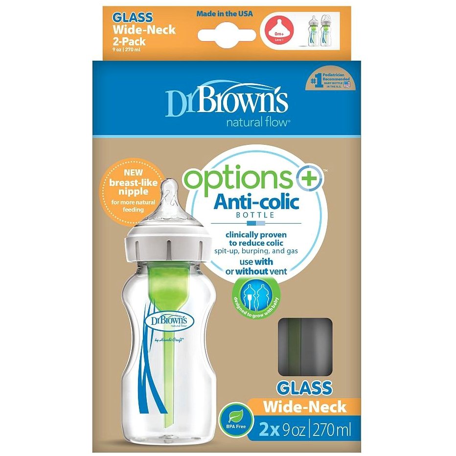 Dr. Brown’s Natural Flow Options+ Γυάλινο Μπιμπερό Με Φαρδύ Λαιμό 270ml 2τμχ