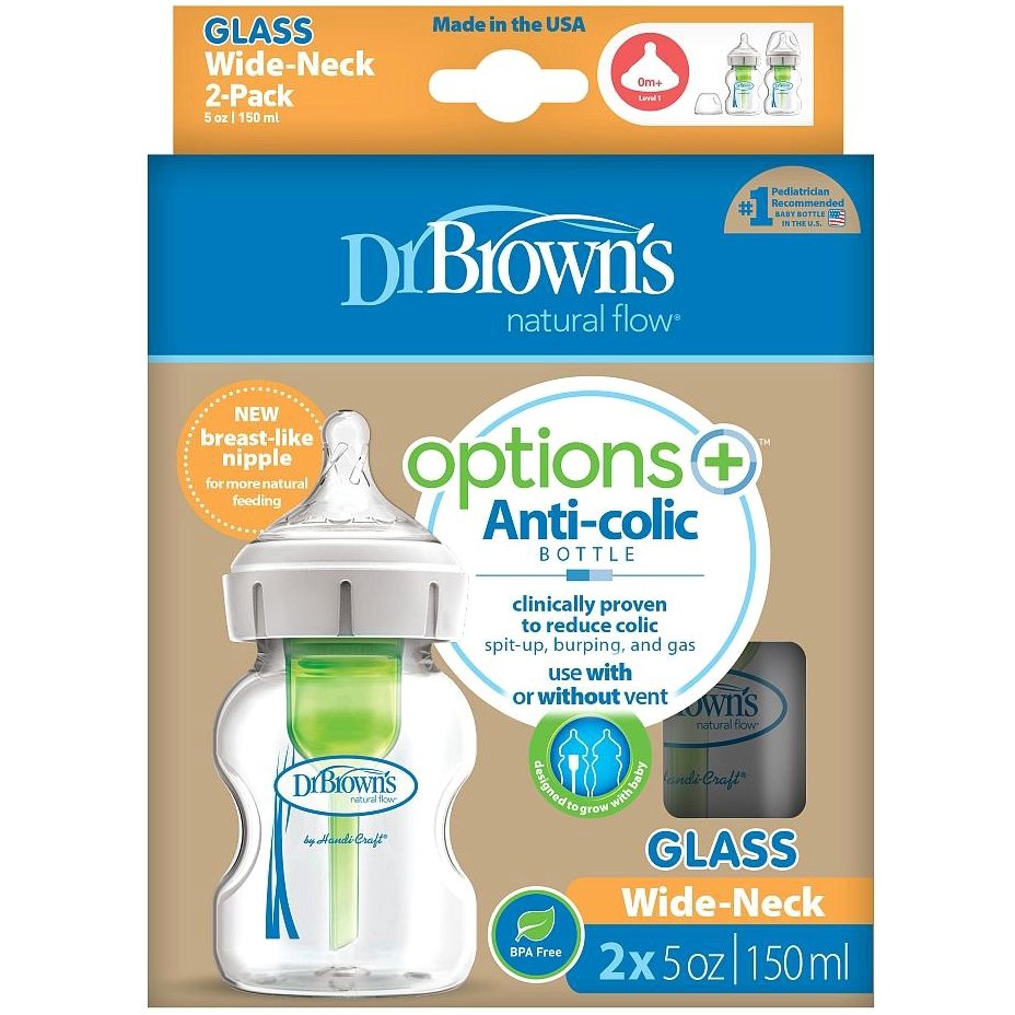 Dr.Brown’s Natural Flow Options+ Μπιμπερό Γυάλινο Αντικολικό με Φαρδύ Λαιμό Θηλή Σιλικόνης 0m+, 2x150ml