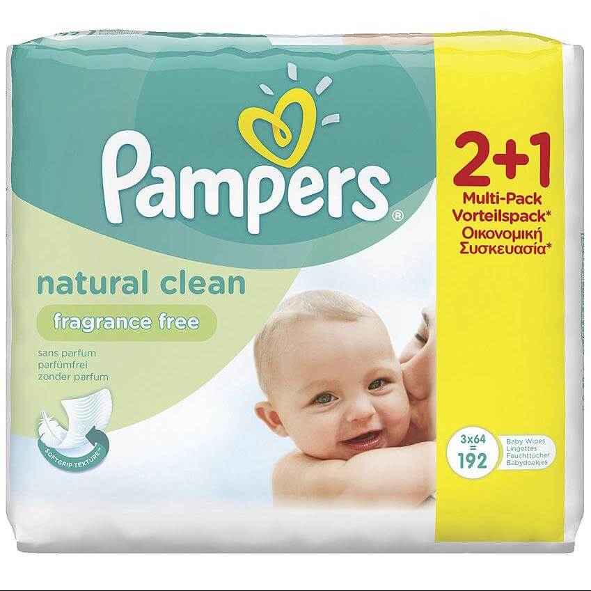 Pampers Πακέτο Προσφοράς Natural Clean Wipes Μωρομάντηλα με Απαλή Απορροφητική Υφή, Χωρίς Άρωμα 2+1 Δώρο, 3 x 64τμχ