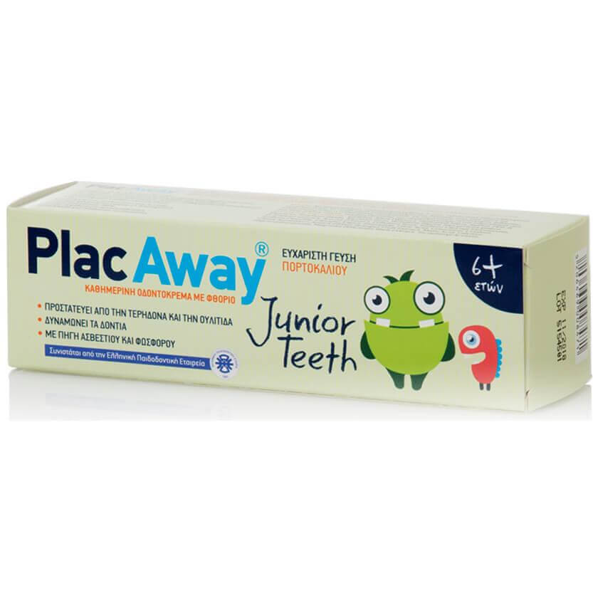 Plac Away Junior Teeth Παιδική Οδοντόκρεμα που Προστατεύει από την Τερηδόνα & την Ουλίτιδα με Γεύση Πορτοκάλι 6+ Ετών 50ml