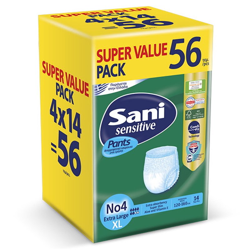 Sani Πακέτο Προσφοράς Sensitive Pants No4 Extra Large Super Value Pack Ελαστικά, Απορροφητικά Εσώρουχα Ακράτειας μιας Χρήσης 56 Τεμάχια