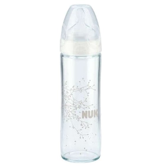 Nuk New Classic Γυάλινο Μπιμπερό Λευκό Θηλή Σιλικόνης Μέγεθος 0-6 Μηνών, Μ 240ml