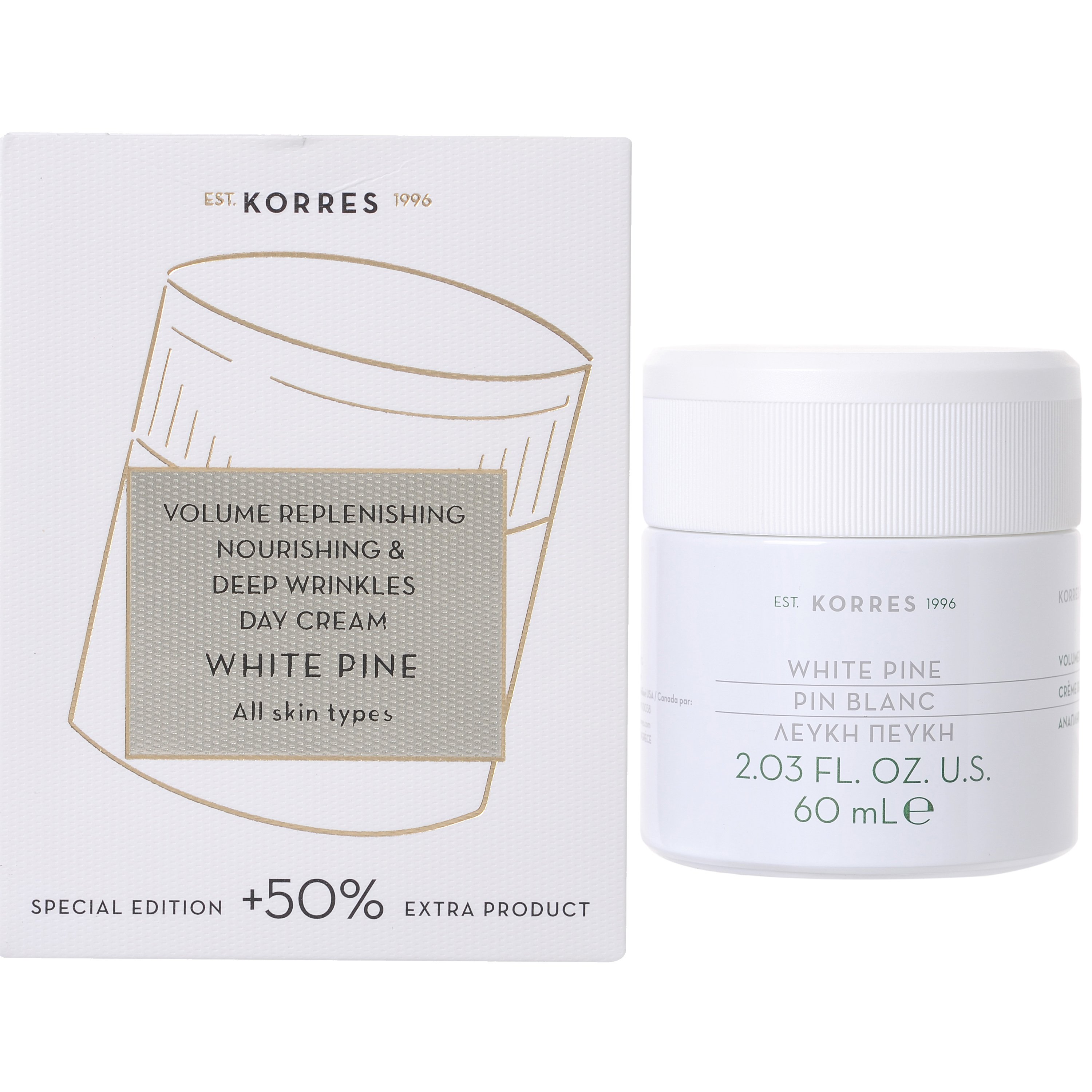 Korres White Pine Day Cream Λευκή Πεύκη Κρέμα Ημέρας για την Αναπλήρωση του Όγκου & Πυκνότητας, Όλοι οι Τύποι Επιδερμίδας 60ml