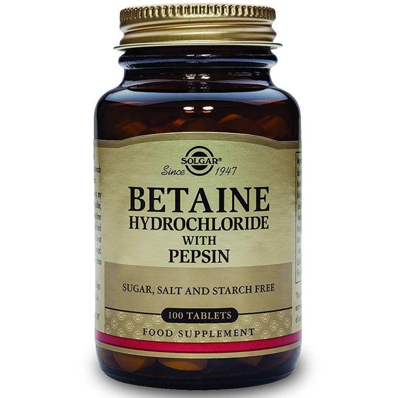 Solgar Betaine Hydrochloride With Pepsin Συμπλήρωμα Διατροφής για την Αντιμετώπιση Συμπτωμάτων Δυσπεψίας & Καούρας 100tablets