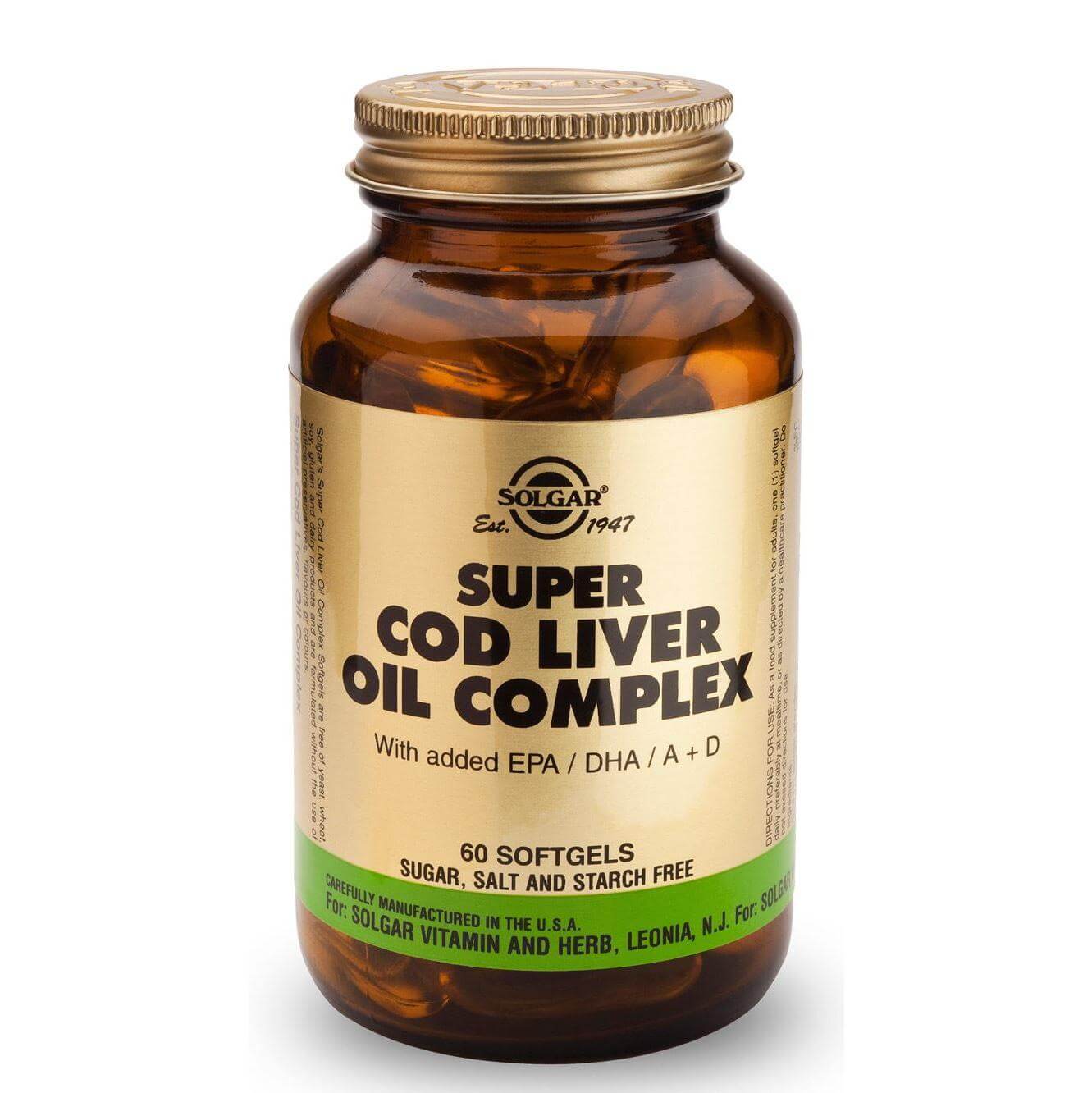 Solgar Super Cod Liver Oil Complex Συμπλήρωμα Διατροφής Υψηλής Συγκέντρωσης σε Ω3 Λιπαρά Οξέα & Βιταμινών A, D 60softgels