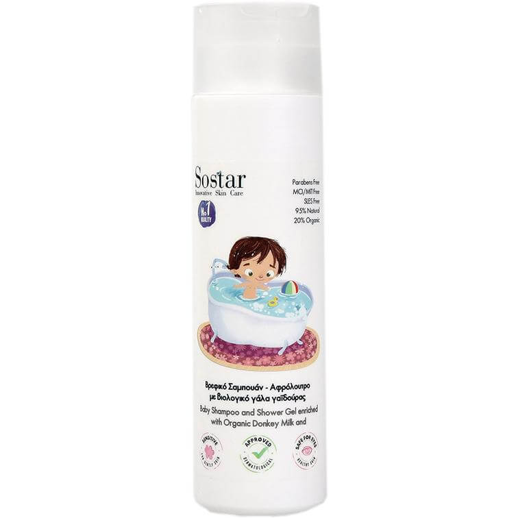 Sostar Shampoo & Shower Gel Βρεφικό Σαμπουάν Αφρόλουτρο με Βιολογικό Γάλα Γαϊδούρας 250ml