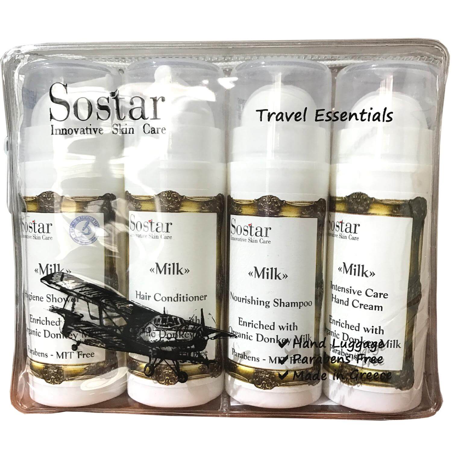 Sostar Travel Essentials Hygiene Sh. Gel 25ml, Hair Conditioner 25ml, Nourishining Shampoo 25ml & Intensive Care Hand Cream 25ml