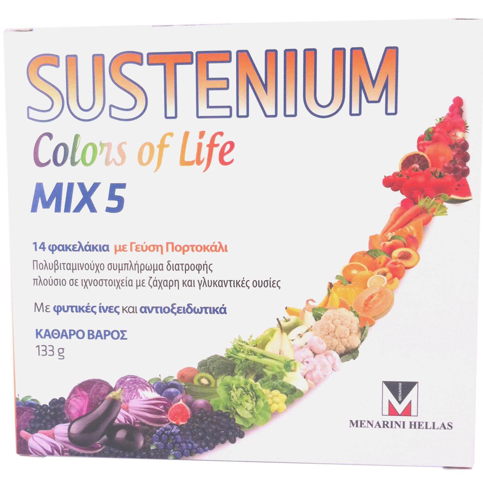 Menarini Sustenium Colors of Life Mix5 Adults Πολυβιταμινούχο Συμπλήρωμα Διατροφής με Φυτικές Ίνες & Αντιοξειδωτικά 14Sachets