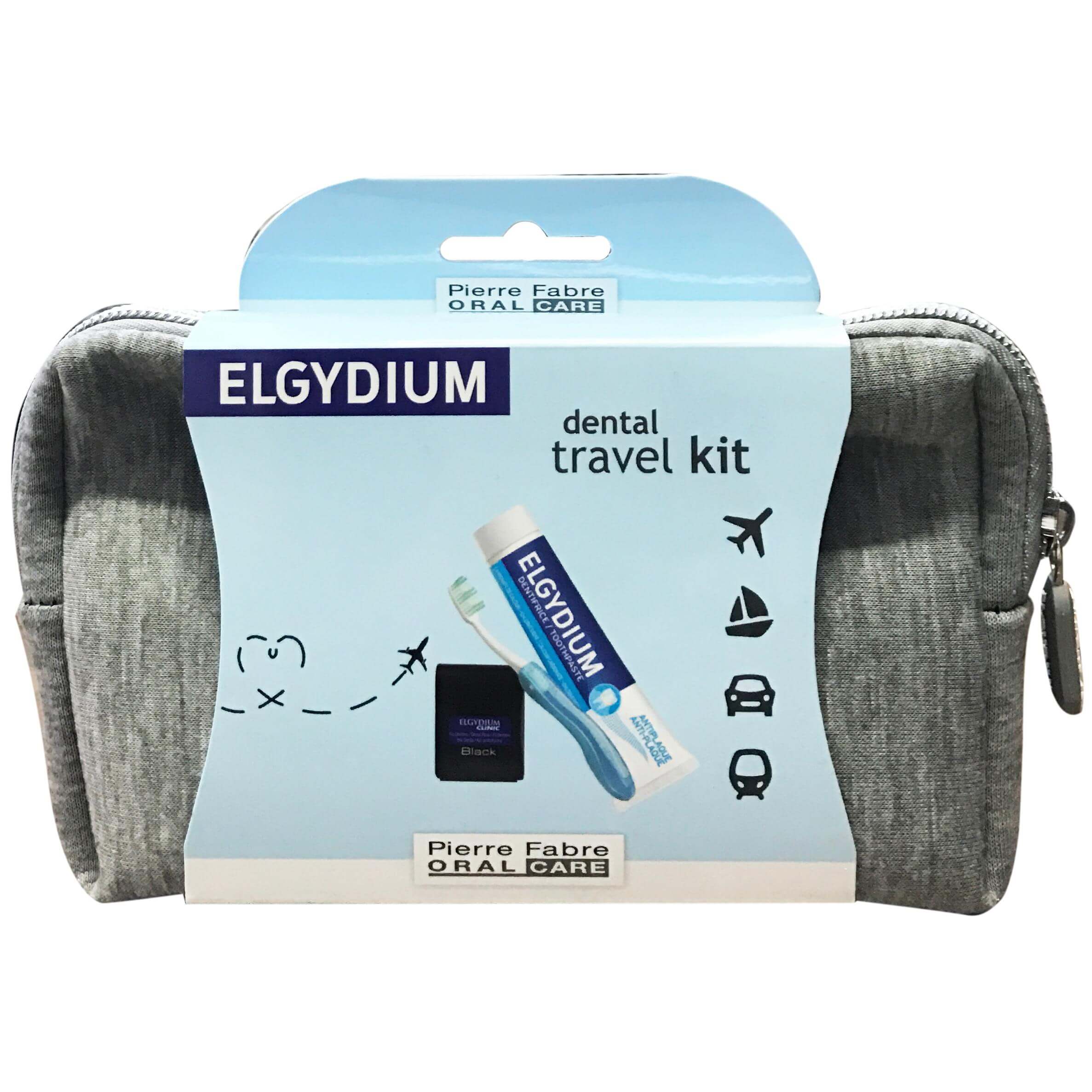 Elgydium Dental Travel Kit Σετ Ταξιδιού με Οδοντόβουρτσα, Οδοντόκρεμα, Οδοντικό Νήμα & Νεσεσέρ σε Γκρι Χρώμα