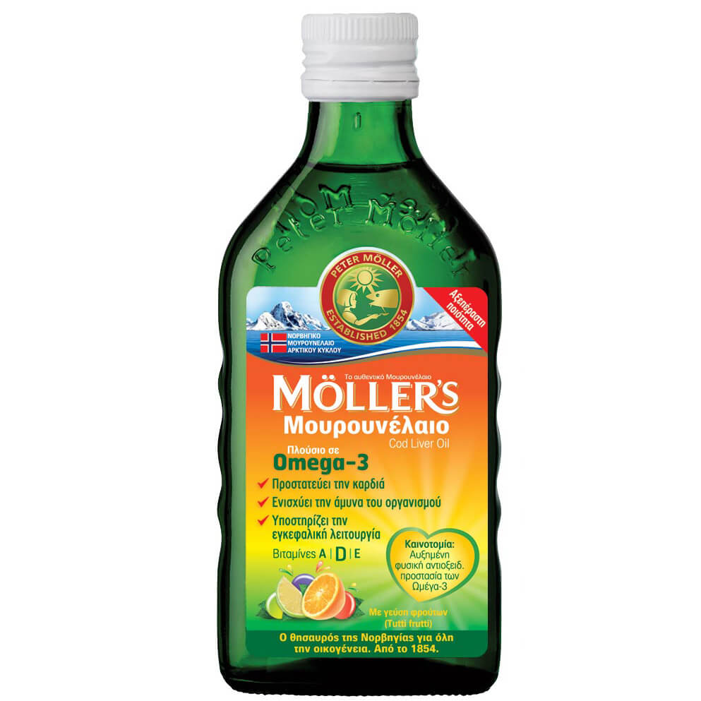 Möller’s Μουρουνέλαιο Cod Liver Oil Tutti Frutti Πλούσιο σε Ωμέγα-3 με Βιταμίνες A,D & E με Γεύση Φρούτων 250ml