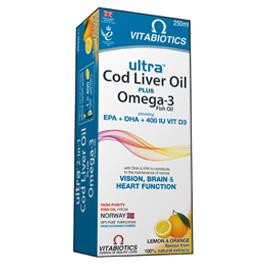 Vitabiotics Ultra 2 In 1 Cod Liver Oil Liquid Συνδυασμός Ωμέγα-3 Ιχθυελαίων Και Μουρουνέλαιου 250ml