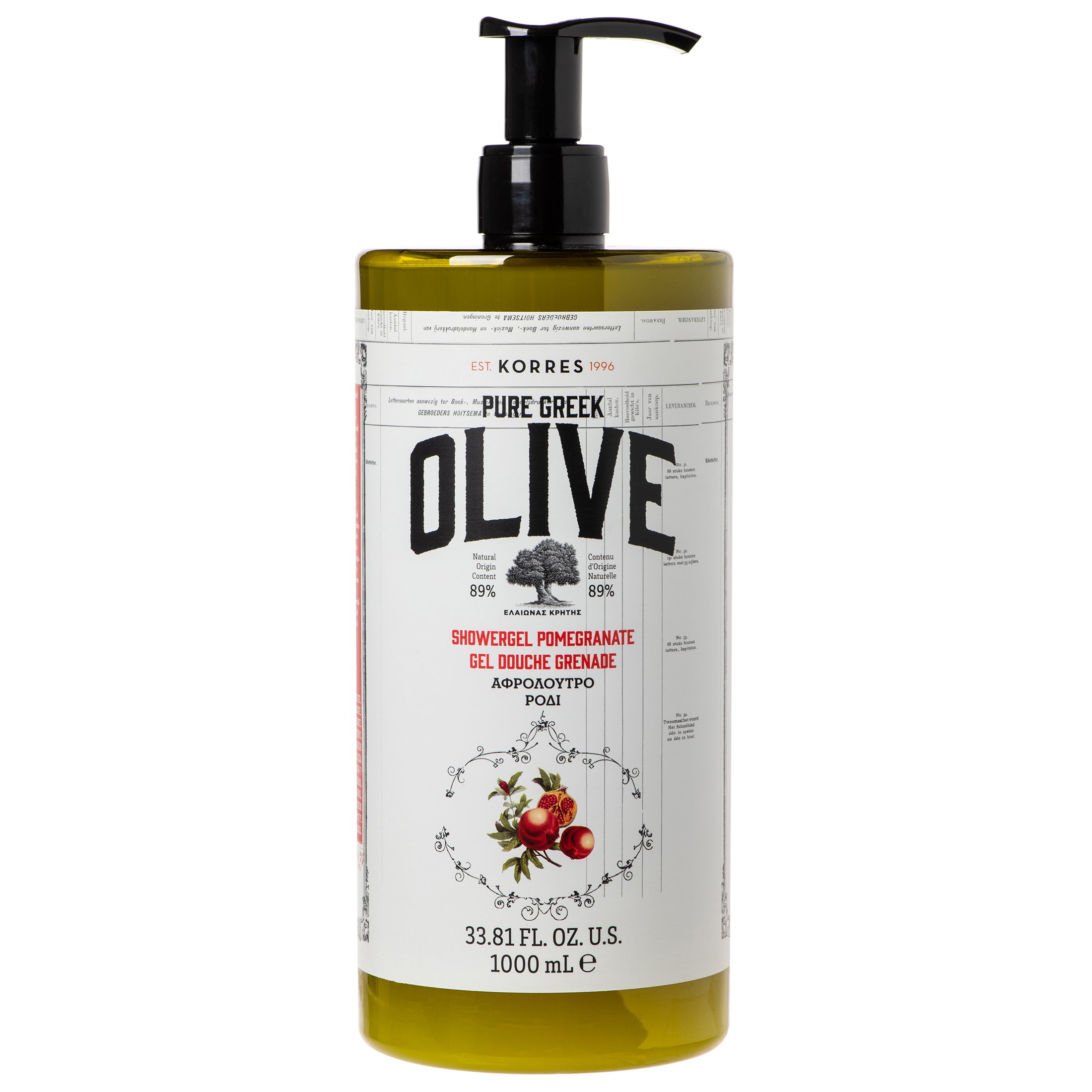 Korres Pure Greek Olive Shower Gel Pomegranate Τονωτικό Αφρόλουτρο με Εκχύλισμα Φύλλων Ελιάς & Άρωμα Ρόδι 1000ml