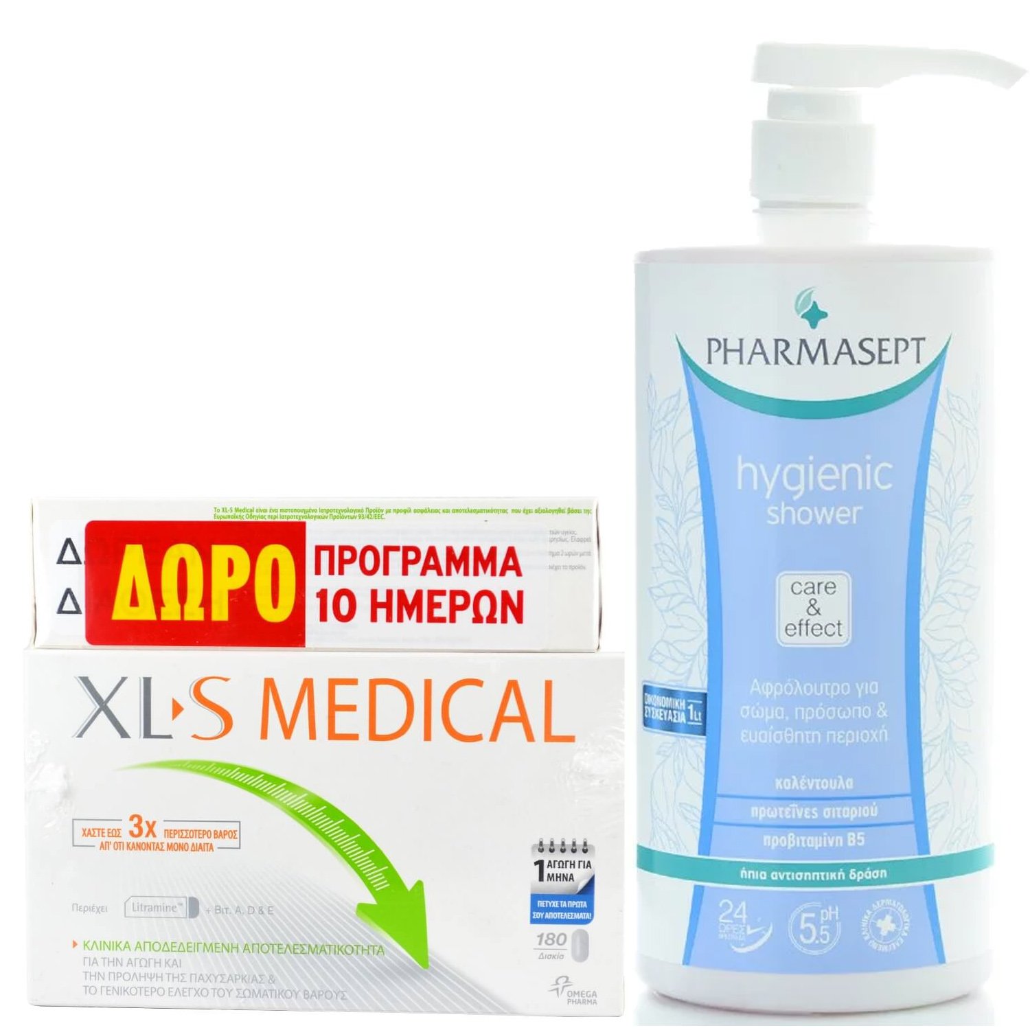 XLS Medical Πακέτο Προσφοράς Fat Binder 180 Caps (Δώρο 60 Caps) & Δώρο Pharmasept Hygienic Shower 1lt