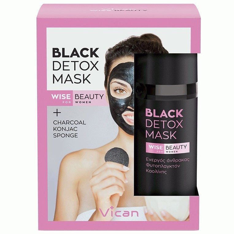 Vican Πακέτο Προσφοράς Wise Beauty Black Detox Mask & Charcoal Konjac Sponge, Μαύρη Μάσκα & Σφουγγάρι Προσώπου με Σκόνη Άνθρακα