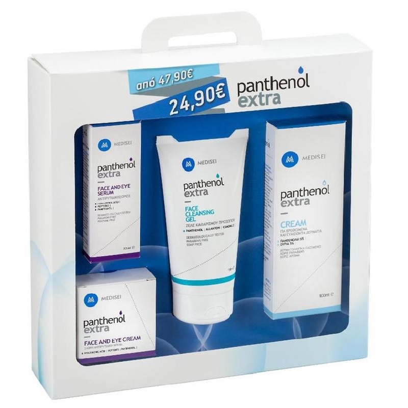 MediSei Panthenol Extra Πακέτο Προσφοράς Serum 30ml +Face&Eye Cream 50ml +Face Cleansing Gel 150ml +Cream για Ερεθισμένα Δέρματα