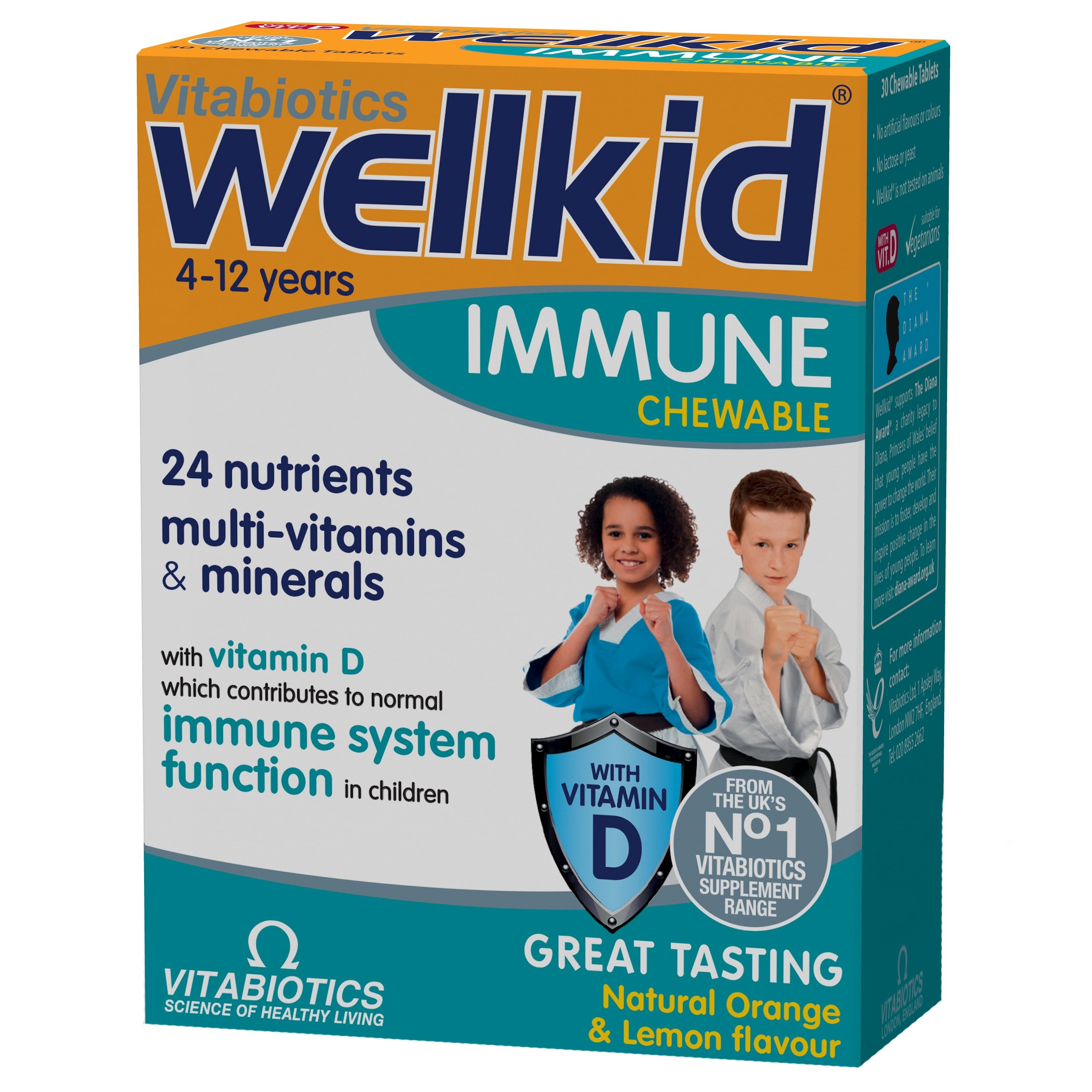 Vitabiotics Wellkid Immune Multivitamins & Minerals Παιδικό Συμπλήρωμα Διατροφής για την Καλή Λειτουργία του Ανοσοποιητικού Συστήματος, από 4 Έως 12 Ετών, με Γεύση Πορτοκάλι & Λεμόνι 30 Chew.tabs