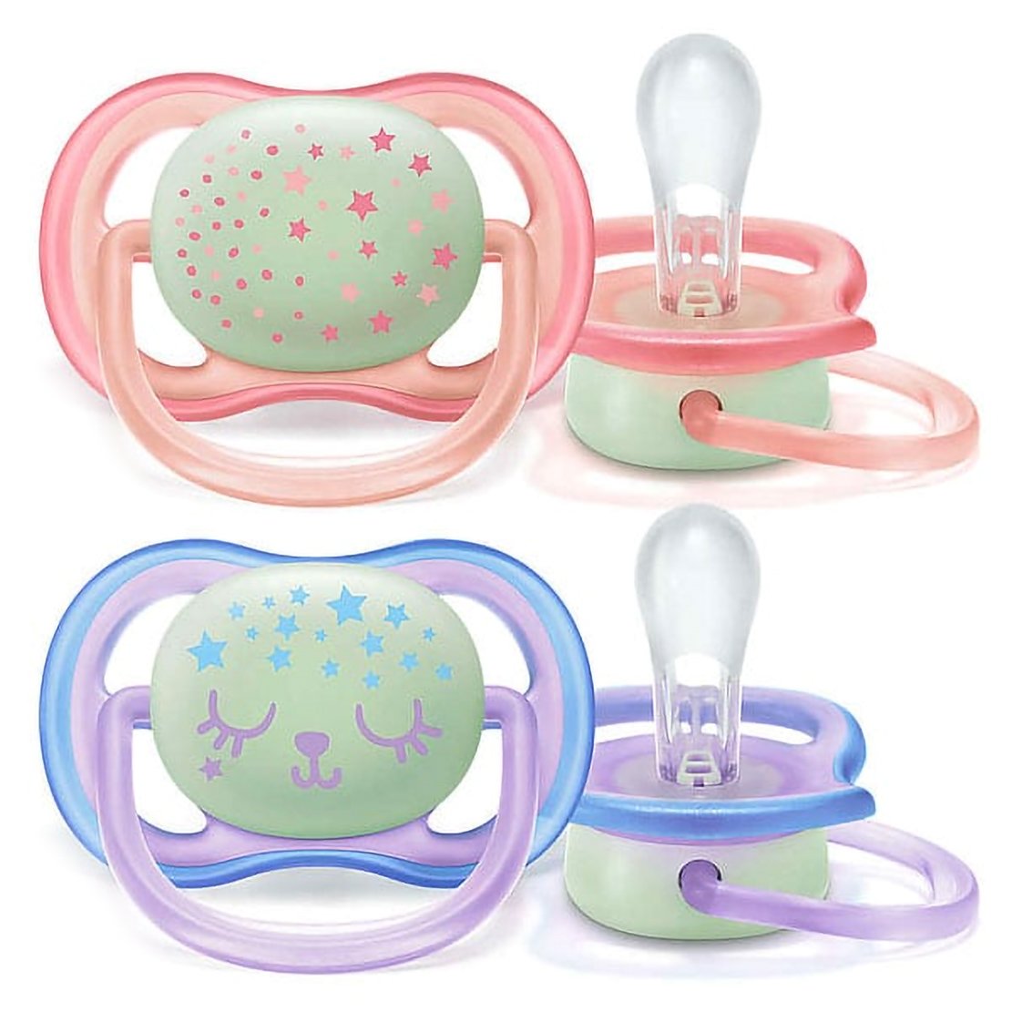 Avent Ultra Air Night 0-6m SCF376/12 Ροζ – Μωβ Ελαφριά Ορθοδοντική Πιπίλα Σιλικόνης για Ανακούφιση & Άνεση που Φωσφορίζει τη Νύχτα 2 Τεμάχια