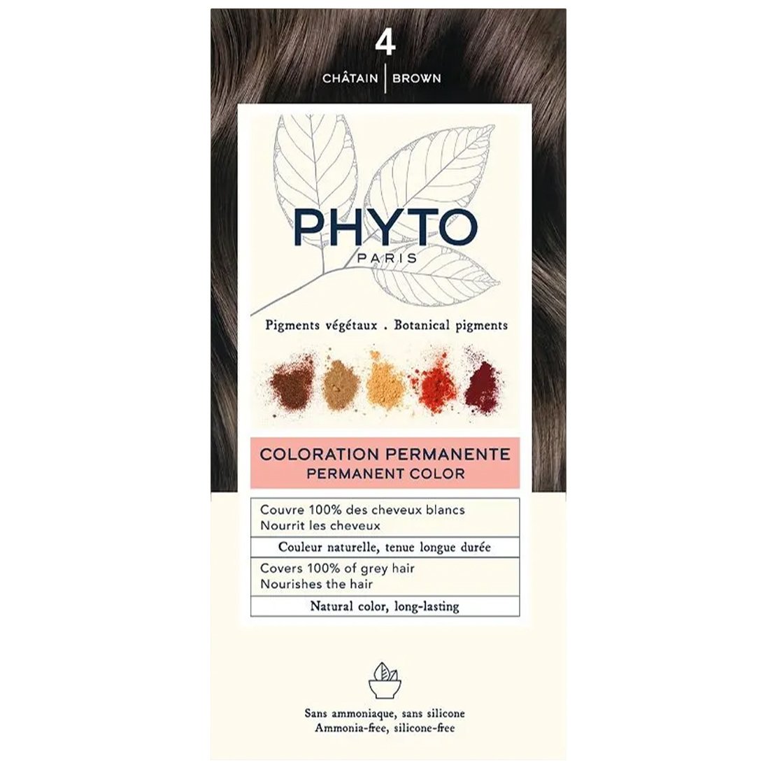 Phyto Permanent Hair Color Kit Μόνιμη Βαφή Μαλλιών με Φυτικές Χρωστικές, Χωρίς Αμμωνία 1 Τεμάχιο – 4 Καστανό