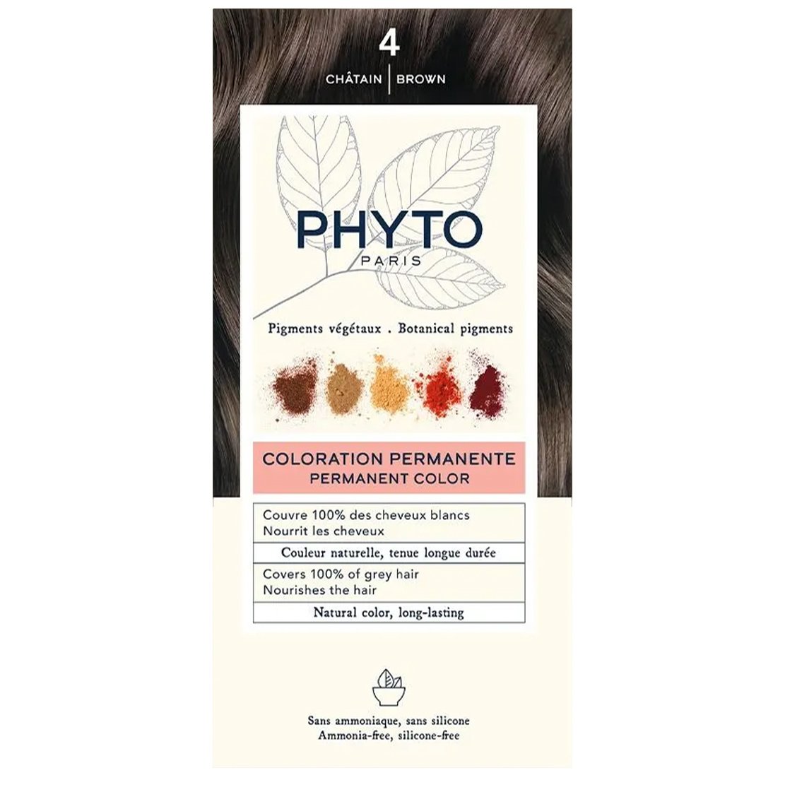 Phyto Permanent Hair Color Kit Μόνιμη Βαφή Μαλλιών με Φυτικές Χρωστικές, Χωρίς Αμμωνία 1 Τεμάχιο – 4 Καστανό