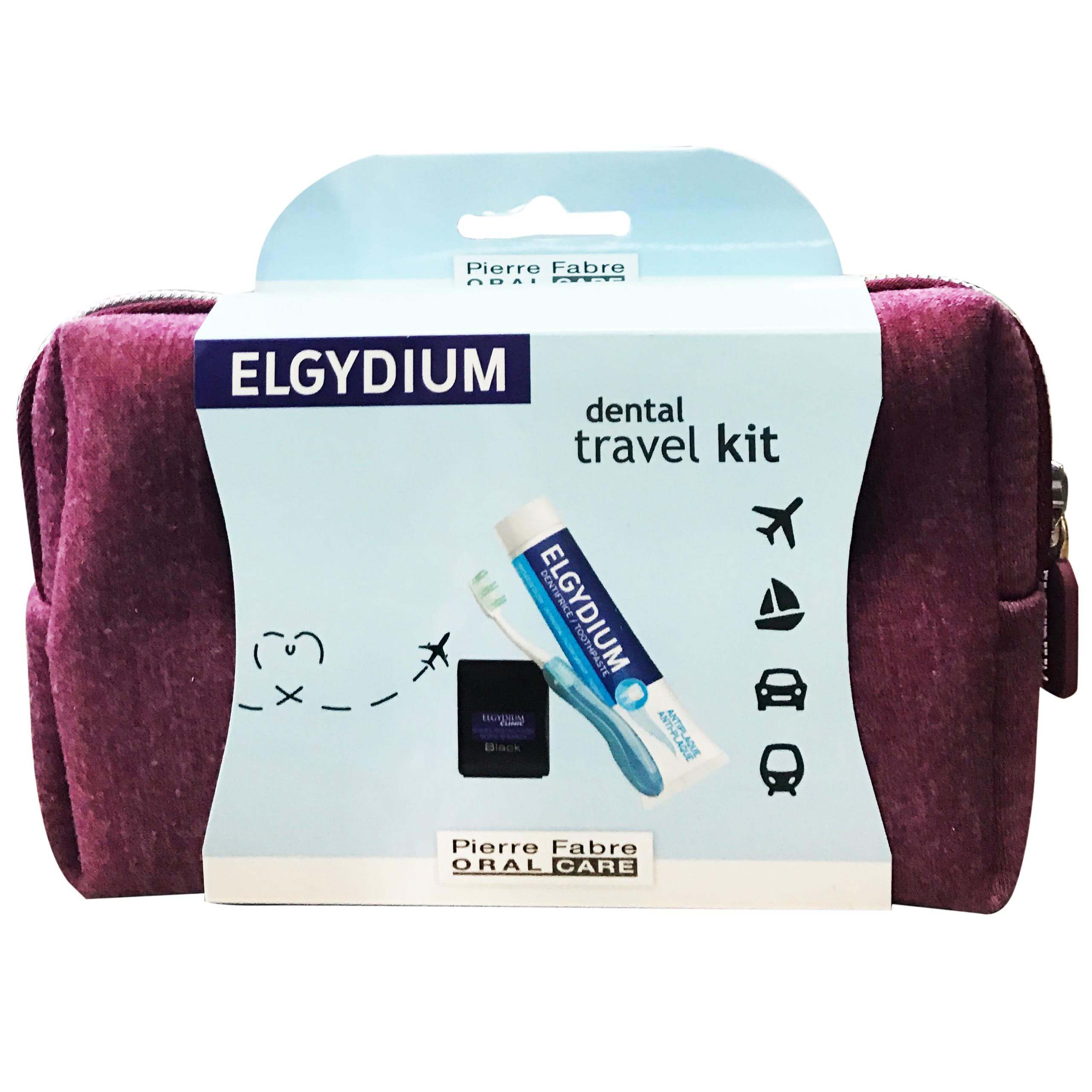 Elgydium Dental Travel Kit Σετ Ταξιδιού με Οδοντόβουρτσα, Οδοντόκρεμα, Οδοντικό Νήμα & Νεσεσέρ σε Κόκκινο Χρώμα