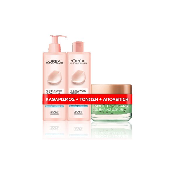 L’oreal Paris Πακέτο Προσφοράς Fine Flowers Lait 400ml,Fine Flowers Tonic Lotion 400ml,Smooth Sugars Clearing Scrub 50ml