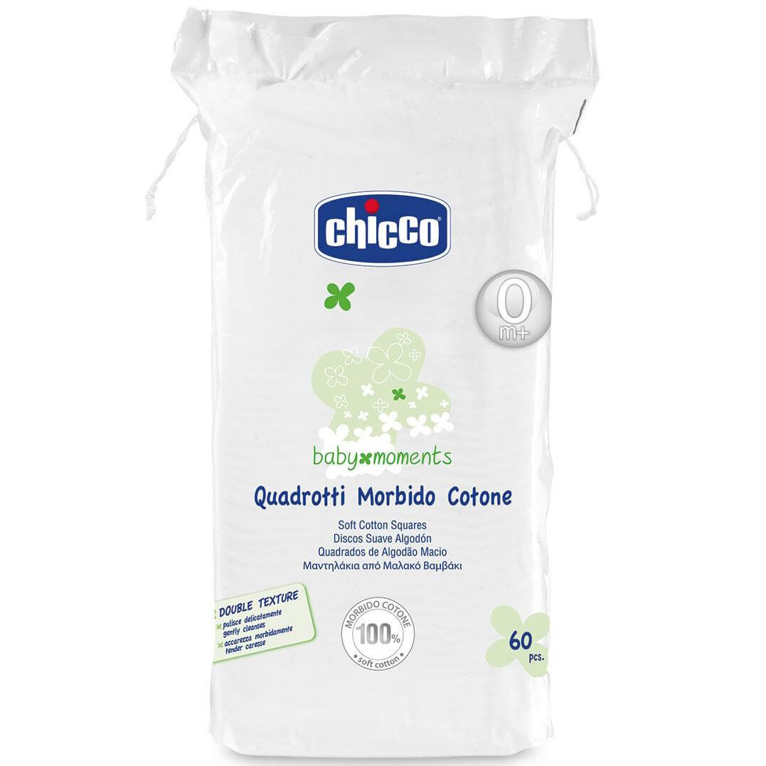 Chicco Baby Moments Τετράγωνα Μαντηλάκια από Μαλακό Βαμβάκι για το Καθαρισμό της Βρεφικής Επιδερμίδας 0m+ 60τεμ