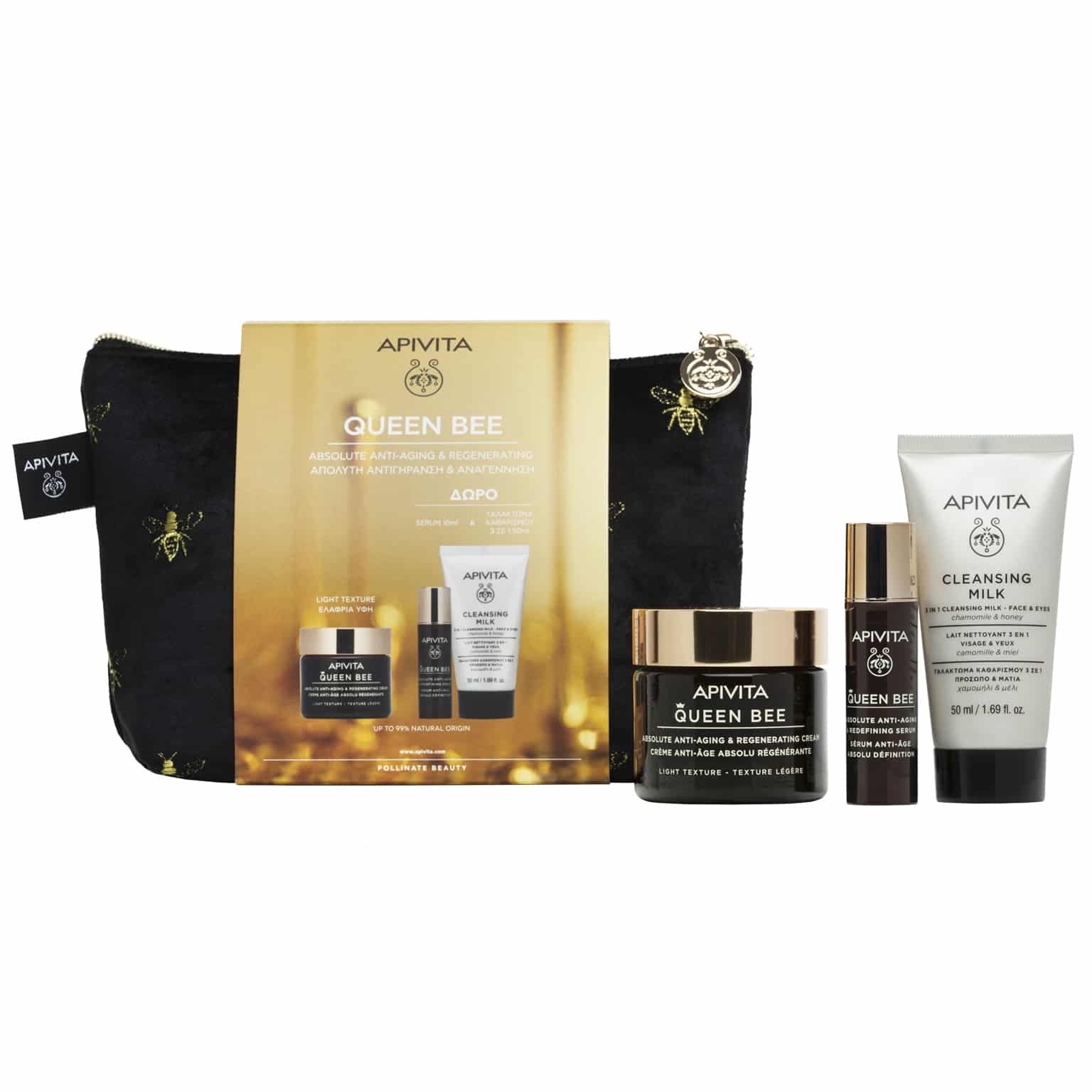 Apivita Πακέτο Προσφοράς Queen Bee Absolute Anti-Aging & Regenerating Face Cream Light 50ml & Δώρο Anti-Aging & Redefining Serum 10ml, Cleansing Milk 3in1 Face & Eyes 50ml & Νεσεσέρ