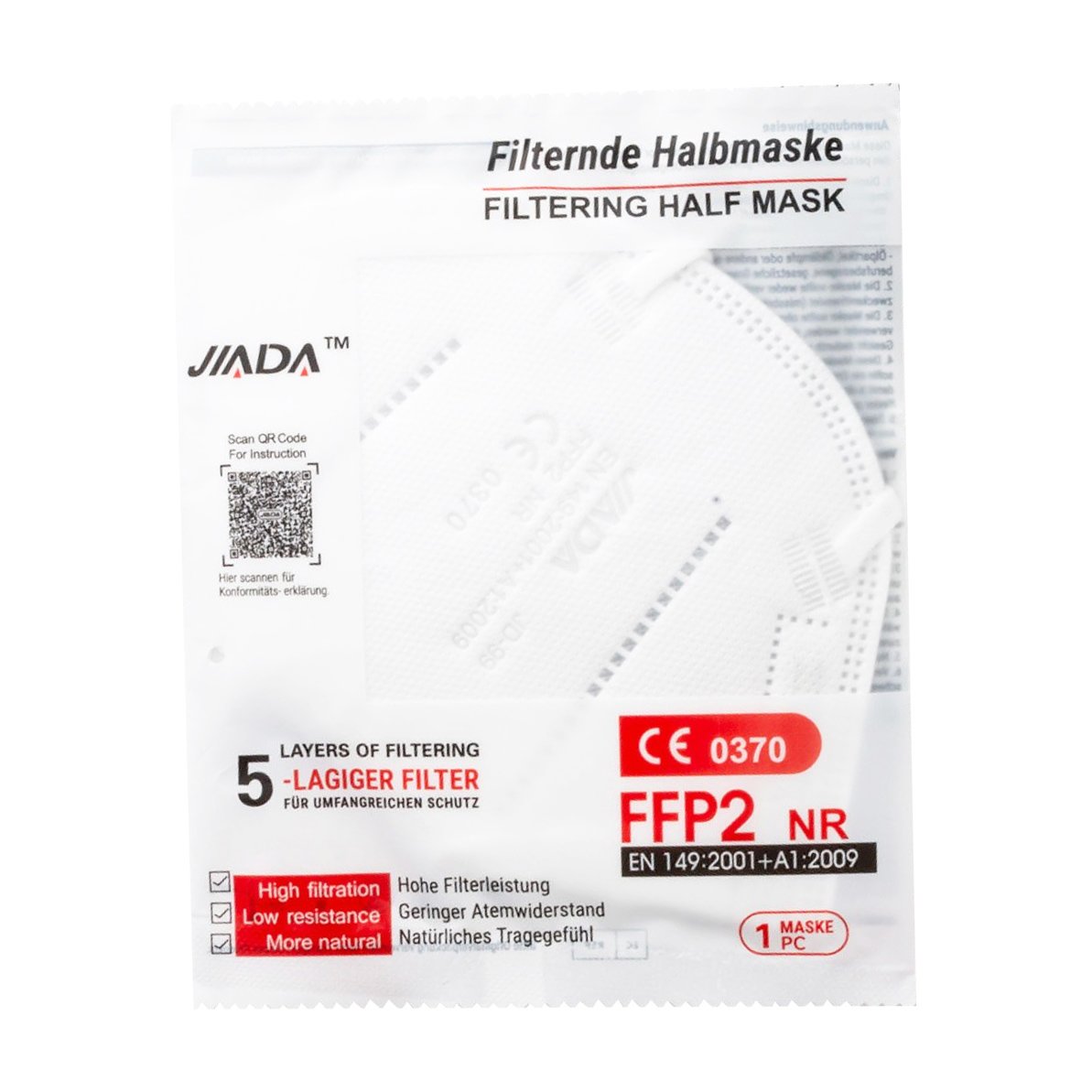 Jada Jiada Non Medical 5ply Mask FFP2 NR Μάσκα Προστασίας με Μεταλλικό Έλασμα μιας Χρήσης σε Λευκό Χρώμα 1 Τεμάχιο