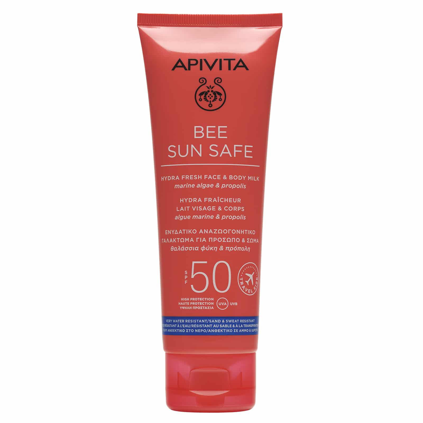 Apivita Bee Sun Safe Hydra Fresh Face & Body Milk With Marine Algae & Propolis Spf50 Travel Size 100ml