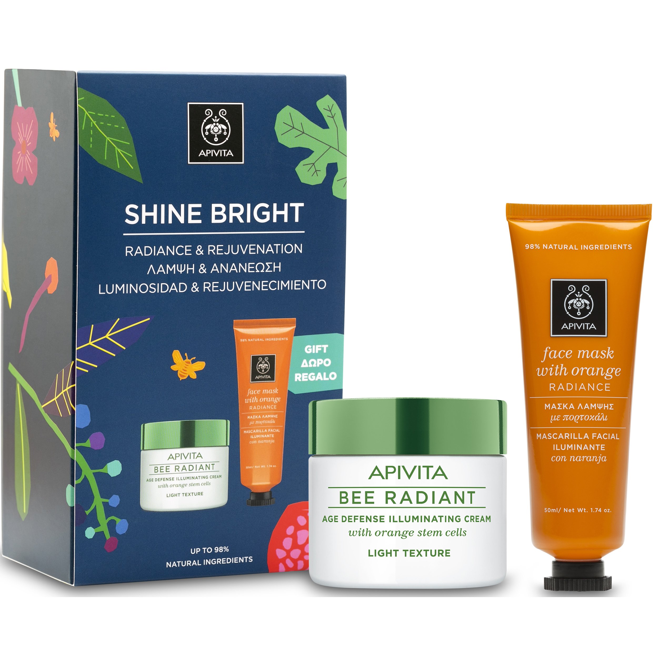 Apivita Box Shine Bright Bee Radiant Cream, Light Texture Κρέμα Αντιγήρανσης & Λάμψης 50ml & Δώρο Face Mask With Orange 50ml