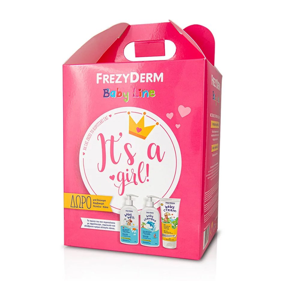 Frezyderm Baby It’s a Girl Baby Cream 175ml, Baby Shampoo 300ml, Baby Bath 300ml & Δώρο μια Επώνυμη Βαμβακερή Πετσέτα – Κάπα