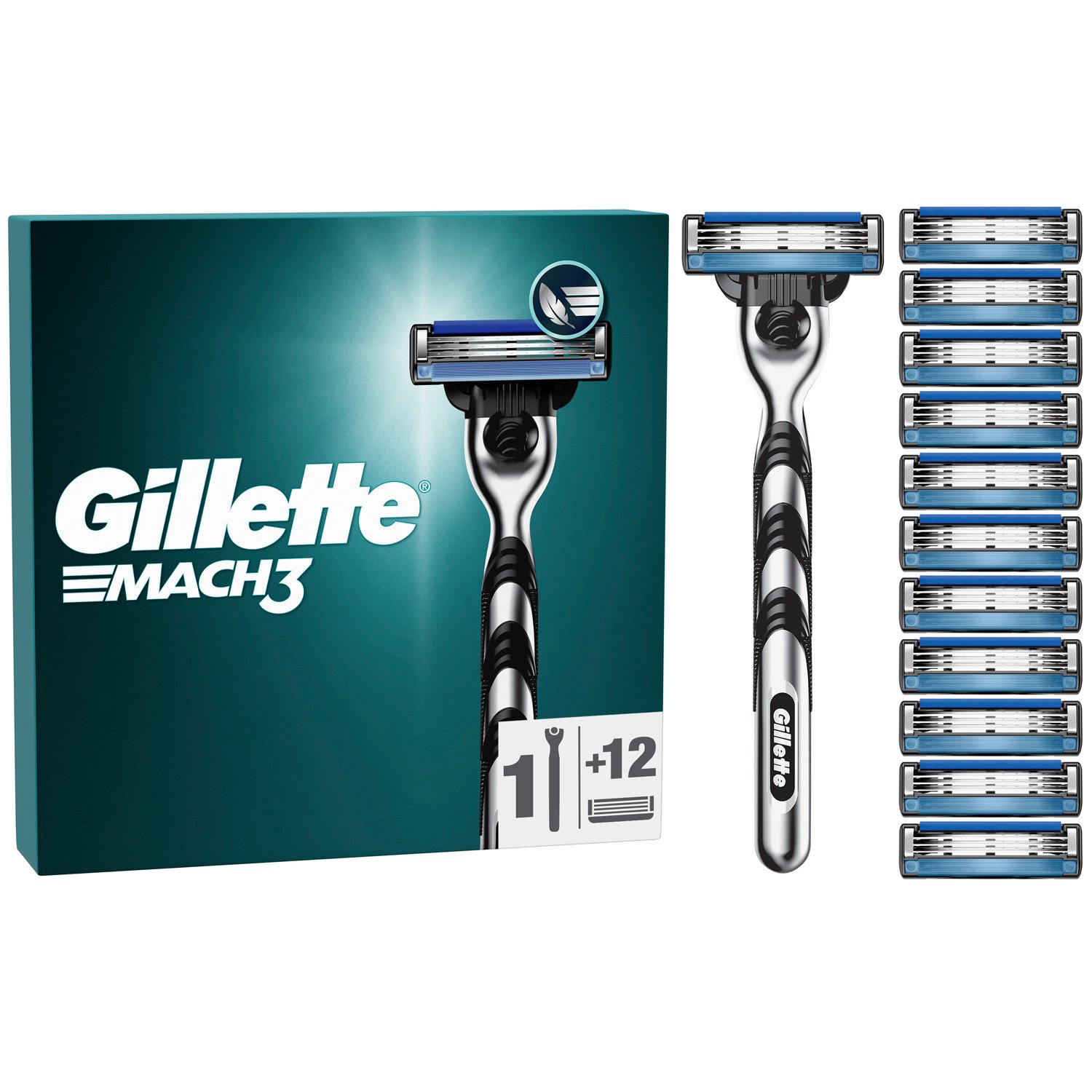 Gillette Mach3 Men's BladeRazor System Value Pack Ανταλλακτικές Κεφαλές Ξυριστικής Μηχανής με 3 Λεπίδες, 12 Τεμάχια & Λαβή 1 Τεμάχιο