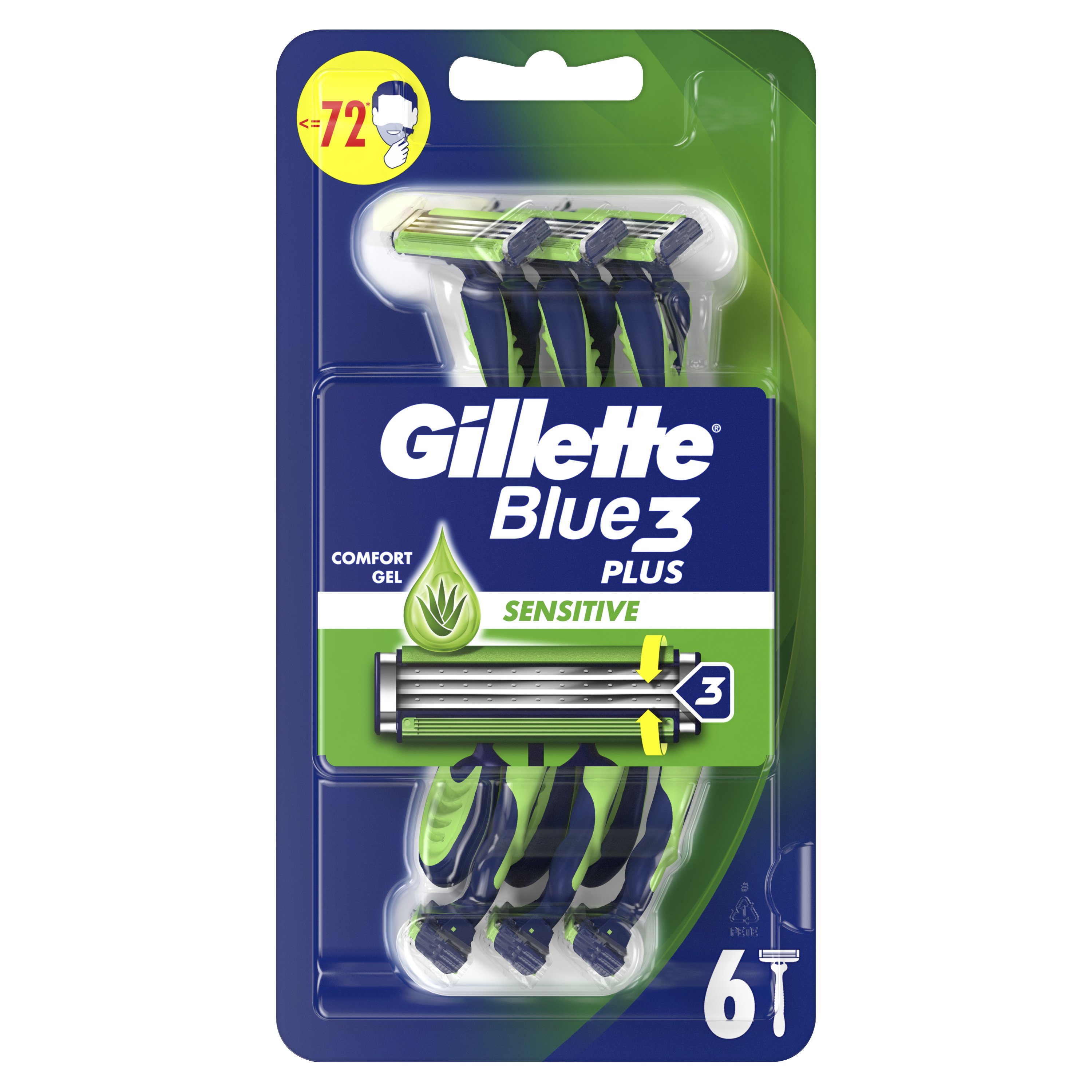 Gillette Blue3 Plus Sensitive Disposable Razors Ανδρικά Ξυραφάκια με 3 Λεπίδες για Βαθύ & Απαλό Ξύρισμα, Κατάλληλο για Ευαίσθητες Επιδερμίδες 6 Τεμάχια