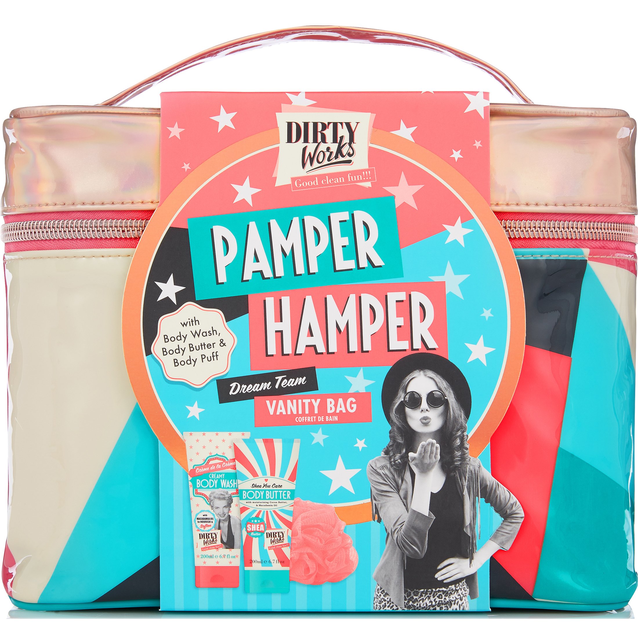 Dirty Works Pamper Hamper, Body Wash Αφρόλουτρο 200ml, Body Butter Κρέμα Σώματος 200ml & Body Puff Σφουγγάρι Μπάνιου