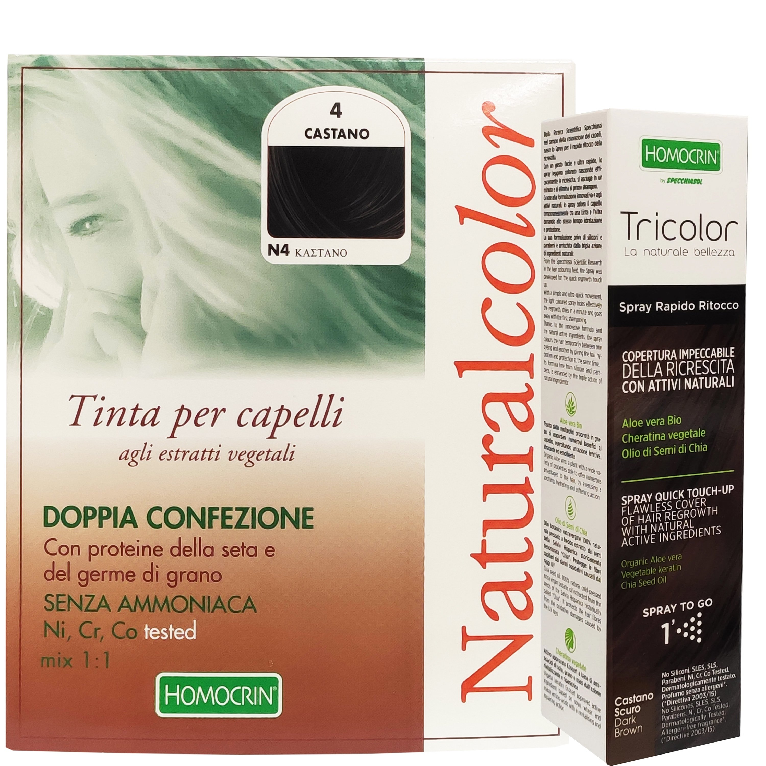 Specchiasol Πακέτο Προσφοράς Homocrin Natural Color N4 Φυτική Βαφή Μαλλιών Καστανό & Δώρο Homocrin Tricolor Spray 75ml