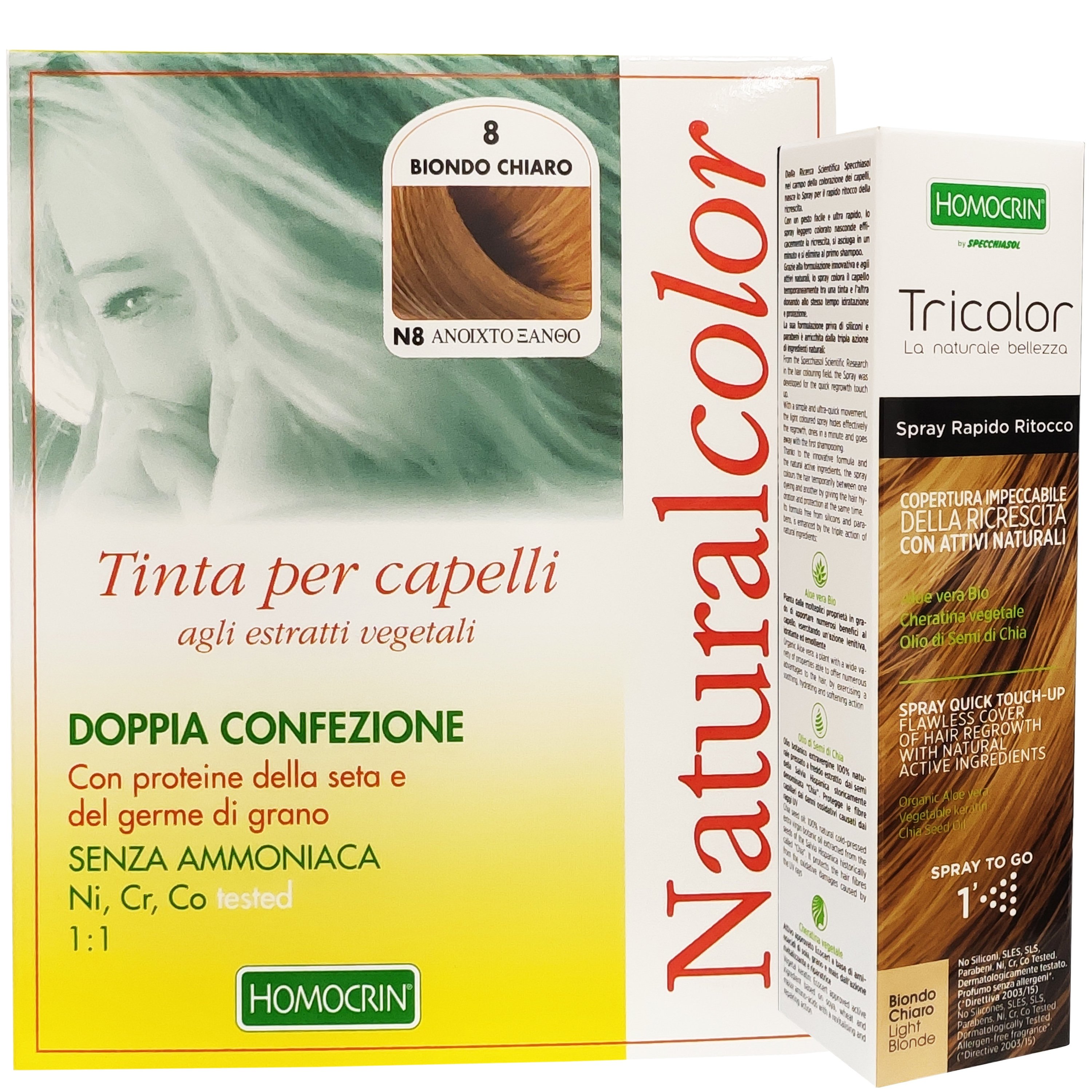 Specchiasol Πακέτο Προσφοράς Homocrin Natural Color N8 Φυτική Βαφή Μαλλιών Ανοιχτό Ξανθό & Δώρο Homocrin Tricolor Spray 75ml