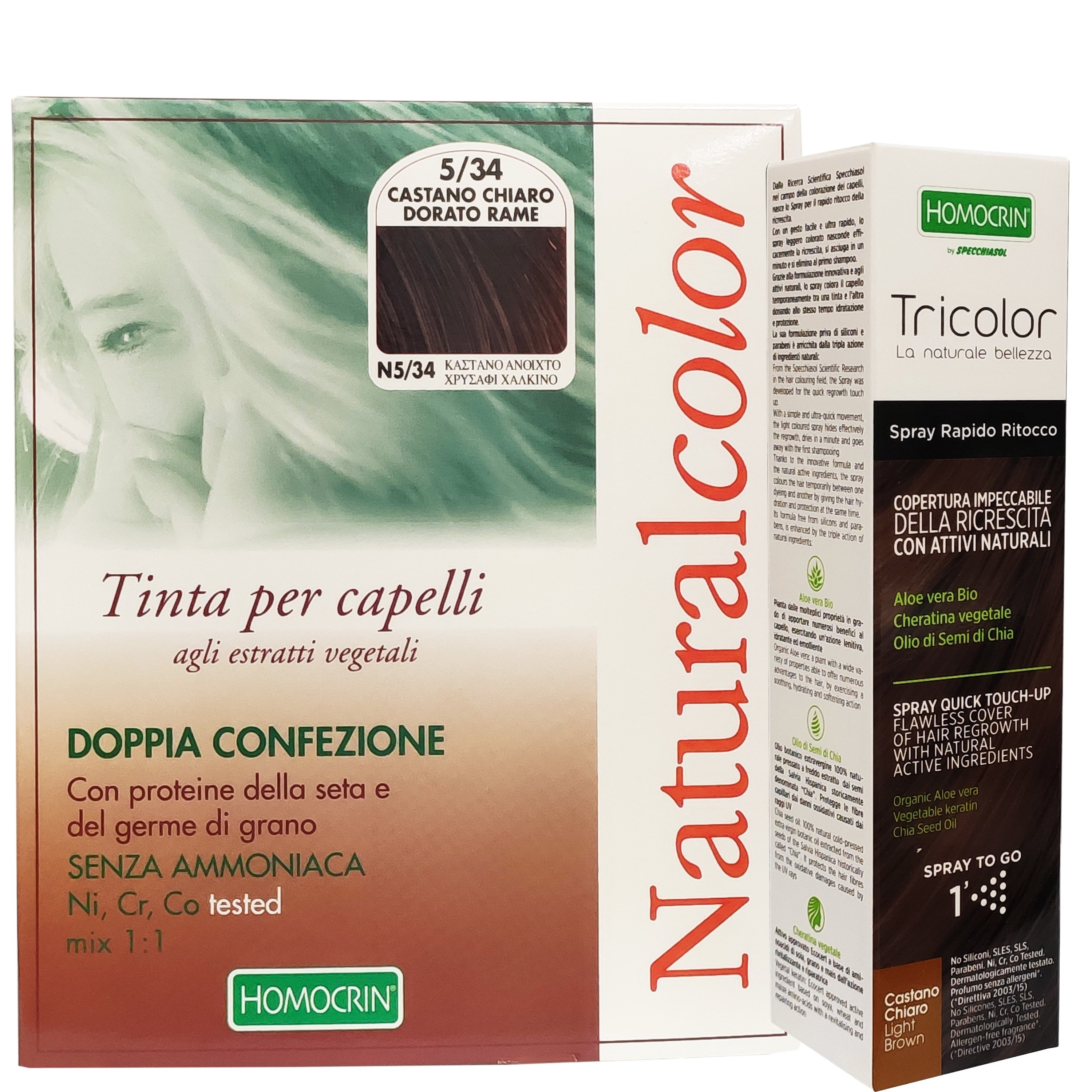 Specchiasol Πακέτο Προσφοράς Homocrin Natural Color N5.34 Φυτική Βαφή Μαλλιών Καστανό Ανοιχτό & Δώρο Homocrin Tricolor Spray 75m