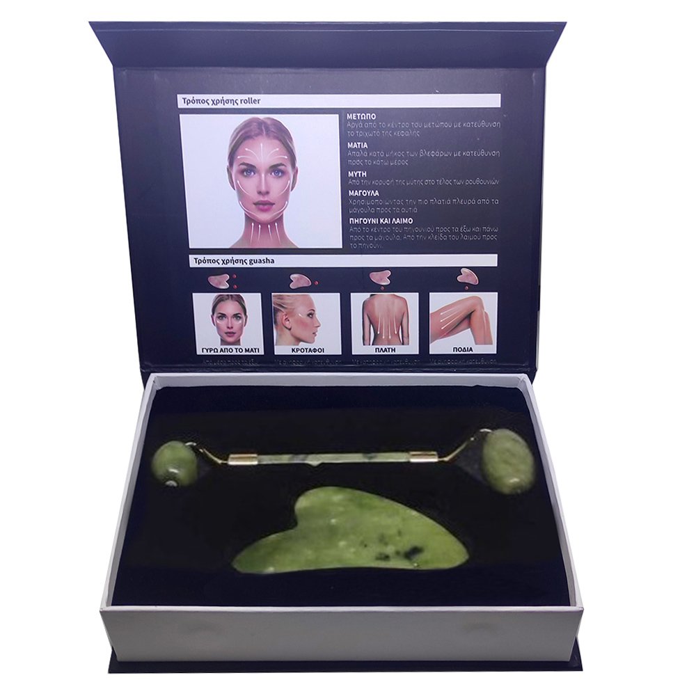 AgPharm Promo Facial Roller 1 Τεμάχιο & Gua Sha 1 Τεμάχιο - Green ,Υψηλής Ποιότητας Ρόλερ & Πέτρα Πράσινου Νεφρίτη για Μασάζ Προσώπου, Λαιμού  51094