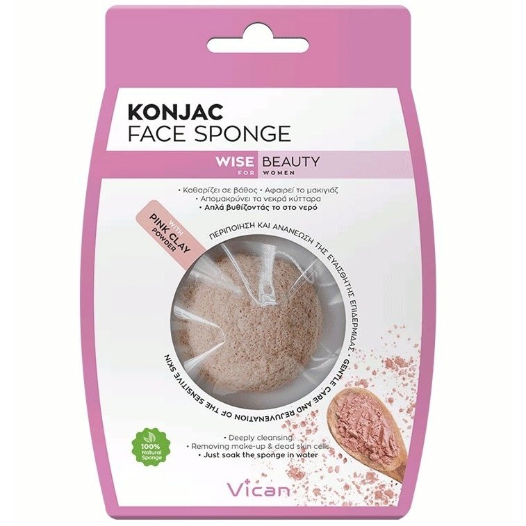 Vican Konjac Face Sponge Wise Beauty με Σκόνη Ροζ Αργίλου για Καθαρισμό του Δέρματος σε Βάθος 1 Τεμάχιο