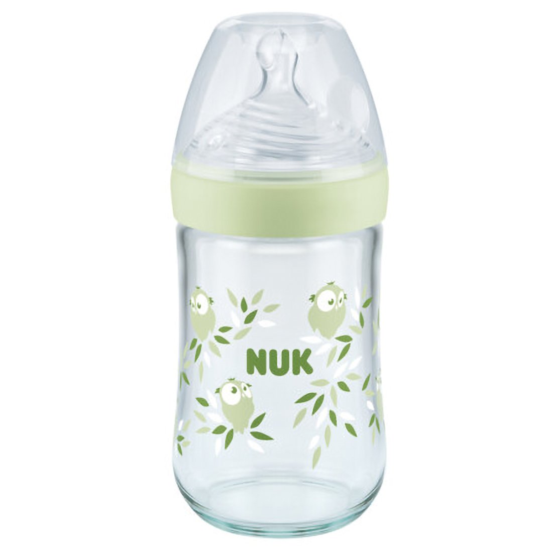 Nuk Nature Sense Glass Bottle Silicone Medium Γυάλινο Μπιμπερό με Δείκτη Ελέγχου Θερμοκρασίας & Θηλή Σιλικόνης 240ml – Πράσινο