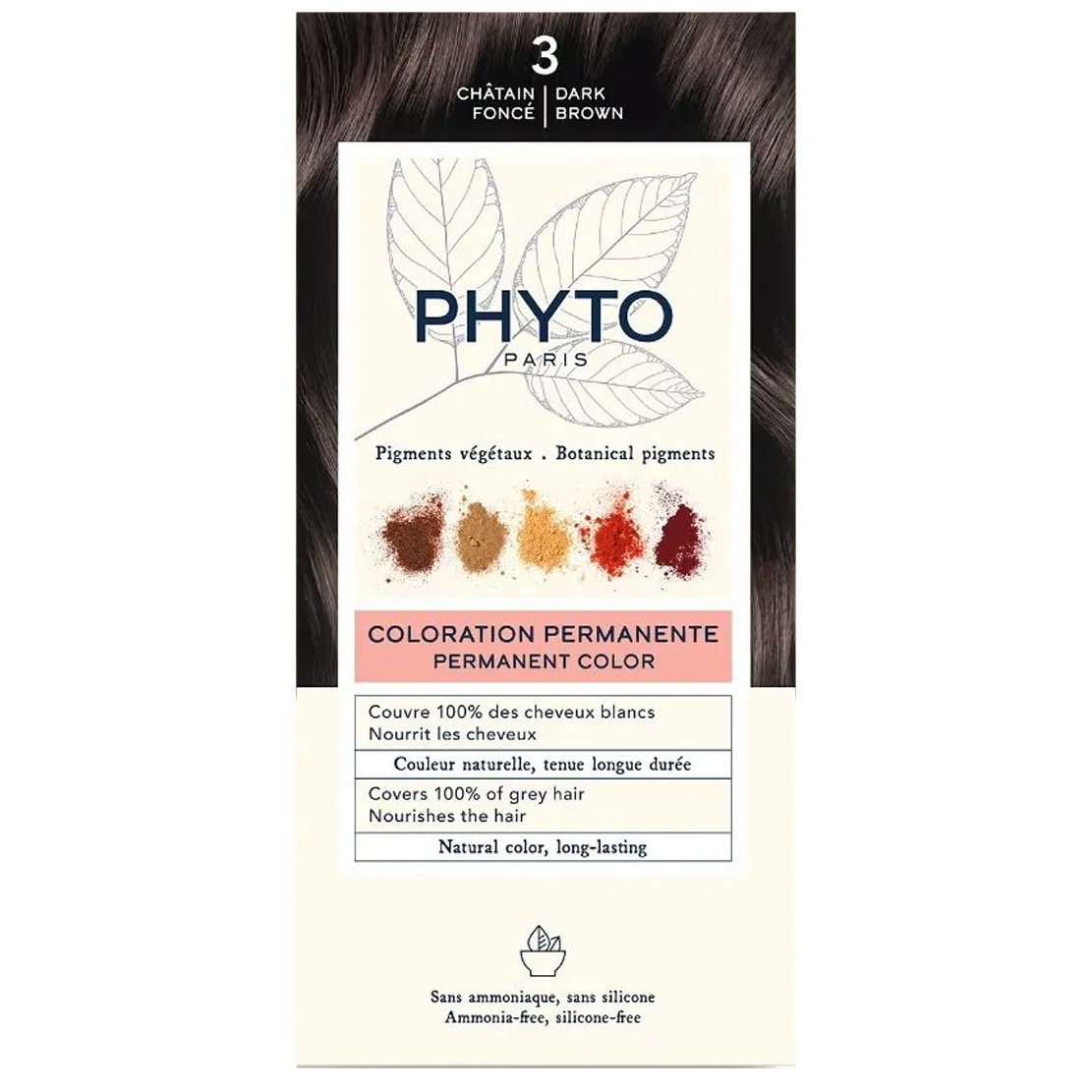 Phyto Permanent Hair Color Kit Μόνιμη Βαφή Μαλλιών με Φυτικές Χρωστικές, Χωρίς Αμμωνία 1 Τεμάχιο – 3 Καστανό Σκούρο