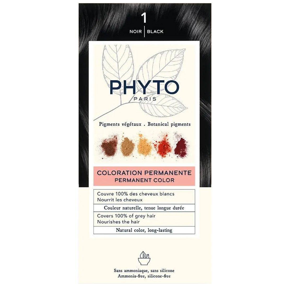 Phyto Permanent Hair Color Kit Μόνιμη Βαφή Μαλλιών με Φυτικές Χρωστικές, Χωρίς Αμμωνία 1 Τεμάχιο – 1 Μαύρο